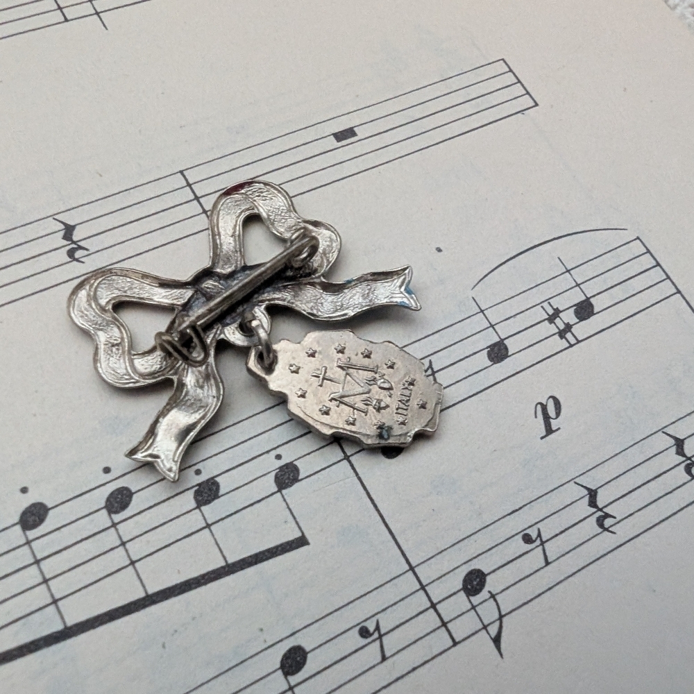 Vintage Religious Blue and Silver Bow Brooch with Pendant - Picture 4 of 7